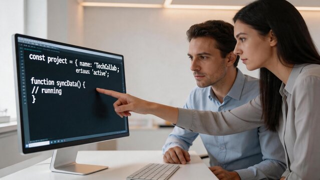 Two people reviewing computer code