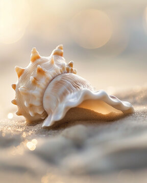 Golden hour seashell macro on sandy beach with soft light and bokeh