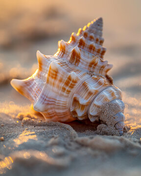 Golden hour seashell macro with glowing highlights and sparkling beach bokeh