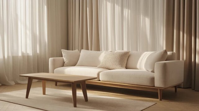 Minimalist beige sofa with cushions and wooden coffee table in bright living room