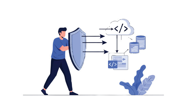 Cybersecurity and Data Protection Concept: Man with Shield Guarding Cloud Computing, Databases, and Software Code from Digital Threats