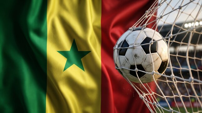 Soccer ball hitting the goal net with the national flag of Senegal in the background