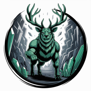 Green deer with large antlers standing.