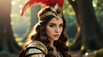 Obraz premium Young woman in golden armor wears crown with red feather. Forest setting with sunlit trees. Fantasy portrait of regal warrior princess. Her gaze is intense and captivating.