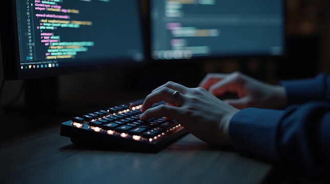 Software Developer Hands Typing on Backlit Keyboard with Programming Code on Monitor