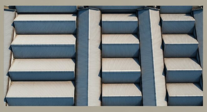 Minimalist aerial view showcasing the repeating parallel lines and metallic textures of vast industrial roofs in a rhythmic composition, architectural, symmetry, panel