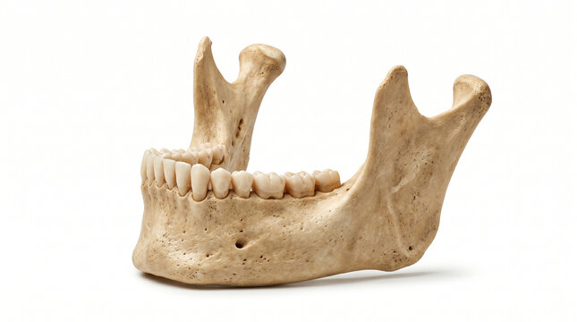 Human mandible bone model with complete lower teeth row side view isolated on clean white background