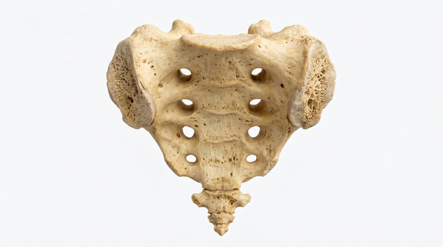 Human sacrum and coccyx bone, highly detailed anatomical structure with realistic porous texture, front view, isolated on clean white background