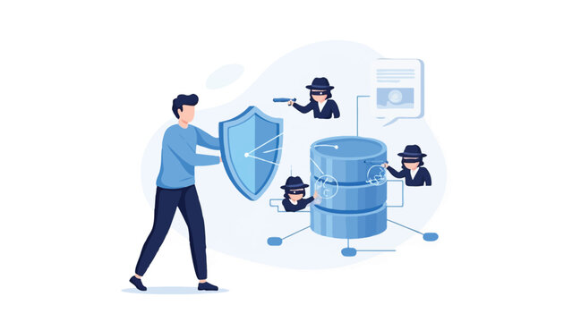 Cybersecurity Concept Illustration: Professional Protecting Database Server with Shield from Hackers and Cyber Attacks. Data Privacy and Network Security Vector Design.