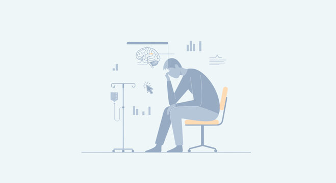 Man lost in thought by IV drip, medical data and brain scan illustration