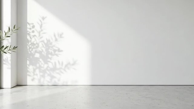 White wall with soft plant shadow for product presentation, minimalist product background for cosmetics, skincare, branding and advertising mockups, clean wall and floor geometry with soft shadows and