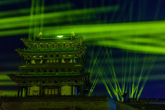 PINGYAO, CHINA - OCTOBER 21, 2019: Night light show at South Gate of Pingayo Ancient City, China