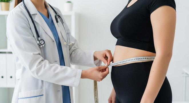 Female Doctor Measuring Overweight Patient Waist with Tape in Clinic, Healthcare and Weight Management Concept