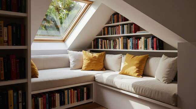 Attic reading nook with built-in couch and shelves full of books. Large skylight window offers natural light and green views. Cozy corner for quiet time.