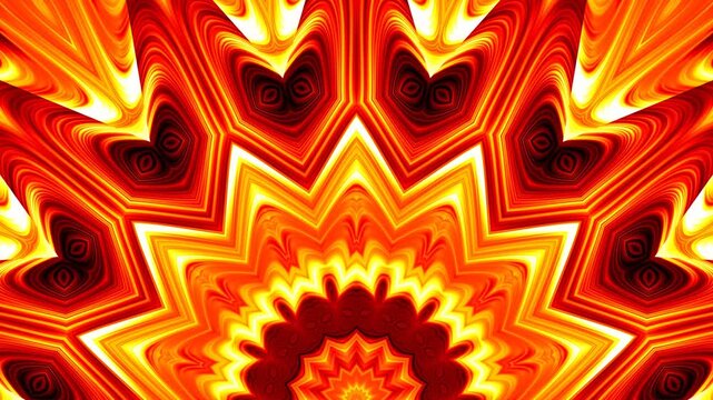 Half mandala transformation of vibrant red and orange patterns. Dynamic abstract background with symmetry unfolding ornaments and hues. Fiery kaleidoscope burst in redorange tones. 4K UHD 4096x2304