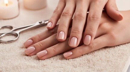 Naklejka premium Elegant hands with perfect nude nails rest on soft towel. Manicure tools and candles nearby suggest spa relaxation for beauty. Soft focus background creates luxurious ambiance.