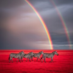 Obraz premium A majestic herd of zebras migrates across vibrant crimson red grasslands beneath a brilliant double rainbow stretching across a stormy sky, animal, beauty, grazing