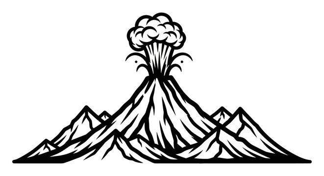 Erupting volcano among mountain peaks black and white illustration