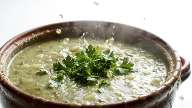Hand holding a bunch of fresh cilantro over a rustic clay pot filled with steaming green vegetable soup