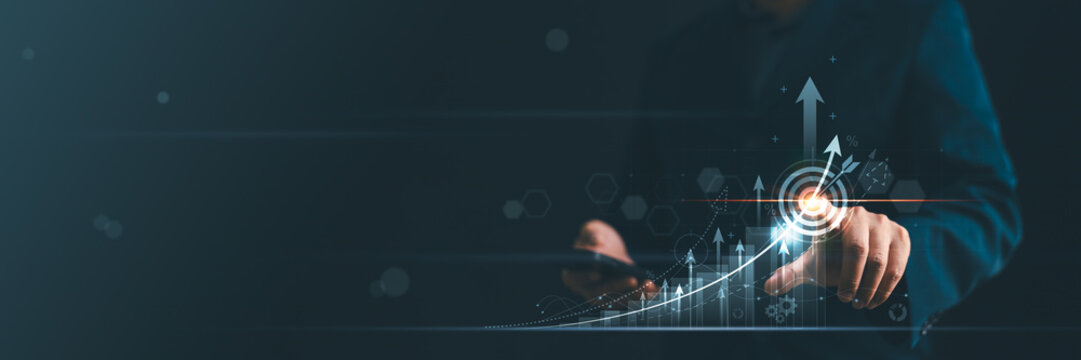 Business banner with copy space, person touching virtual growth graph chart and target icon. Strategy for financial success, corporate data analysis and digital marketing investment concept