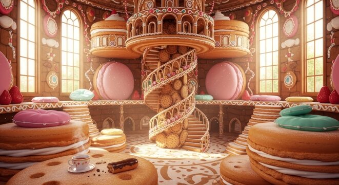 Interior de conto de fadas com escada em espiral e doces gigantes.