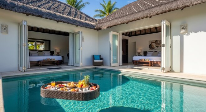 Villa de luxo com piscina e caf&eacute; da manh&atilde; inclusos para f&eacute;rias em um ambiente tropical.
