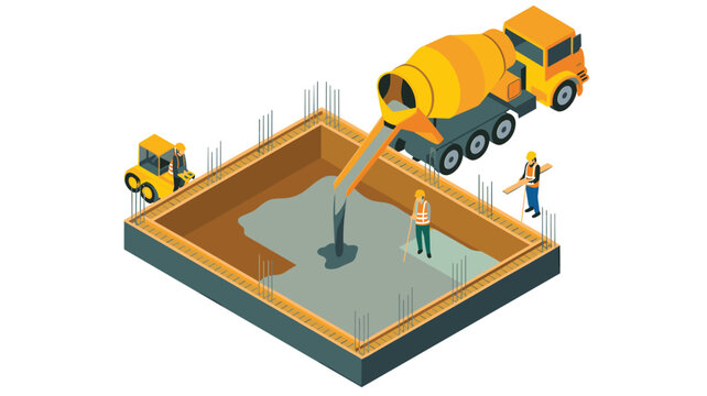 Isometric view depicts a concrete mixer truck pouring wet cement into a foundation pit while workers operate a heavy compactor.
