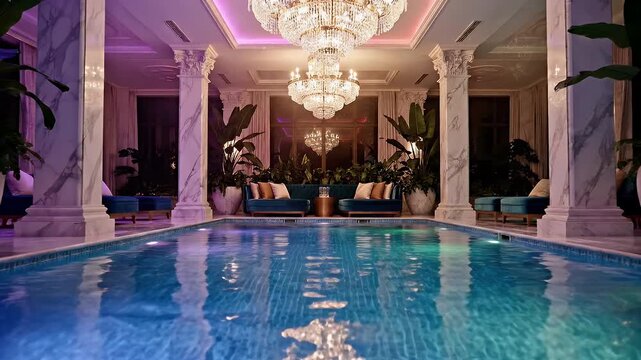 Luxurious indoor resort pool area featuring grand chandelier, tropical plants, and blue lighting