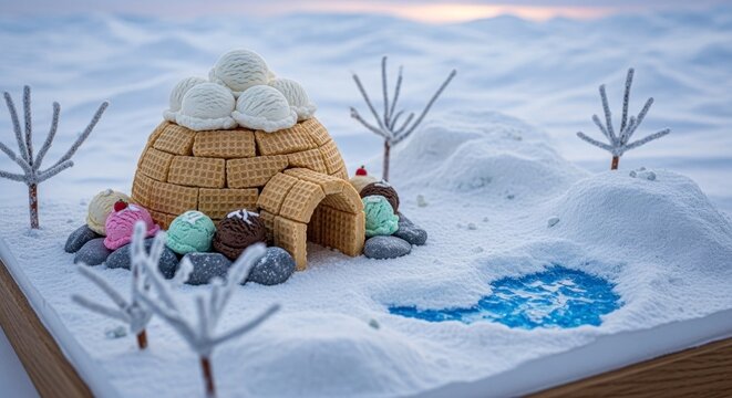 Ilustra&ccedil;&atilde;o conceitual de um iglu em miniatura com sorvete em uma paisagem nevada.