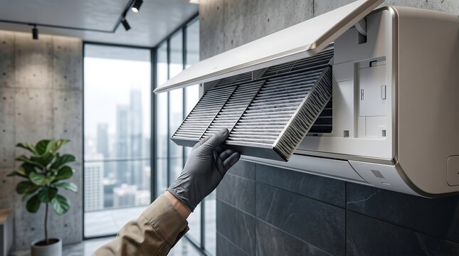 Technician changing air filter in wall mounted conditioner interior