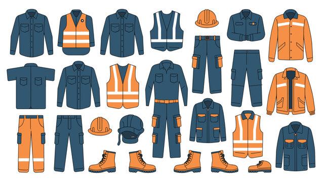 An extensive collection of professional workwear including safety helmets and high-visibility vests is arranged on a neutral gray surface.