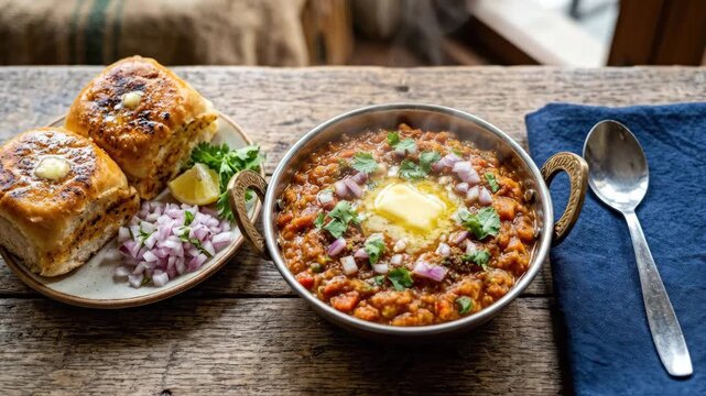 Mumbai pav bhaji with butter toasted bread, authentic Indian cuisine for restaurant menus, delivery and culinary branding, rich texture, appetizing plating, top view or close-up styling, natural