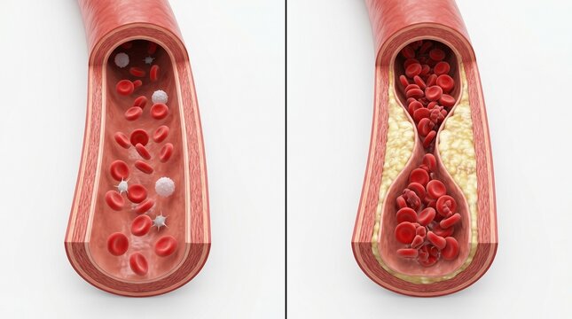 Comparison of healthy and clogged arteries showing the impact of atherosclerosis on blood flow.