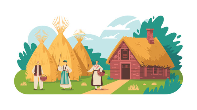 Three individuals in traditional folk costumes stand near large golden haystacks beside a rustic brick cottage under a bright clear sky.