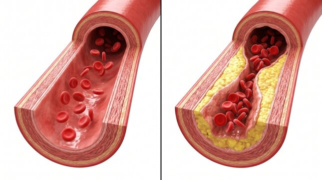 Detailed comparison of a healthy human artery with an artery affected by atherosclerosis and blood clot formation.