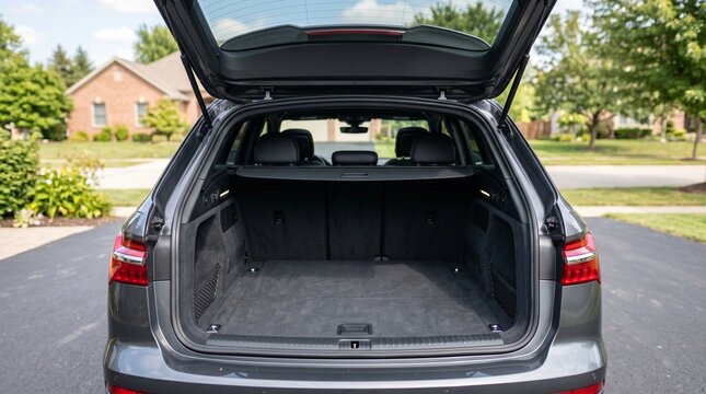 Rear view of a dark grey station wagon with its spacious, empty trunk open, parked on an asphalt driveway in a suburban neighborhood.