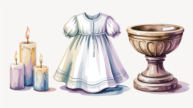 A white christening dress is positioned between three melting candles and a wide, ornate chalice set against a clean white backdrop area.