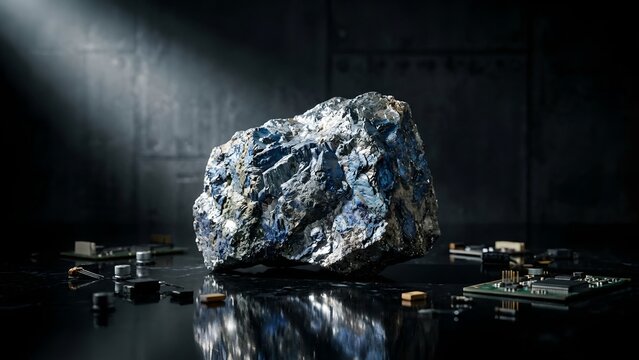 A large, raw mineral ore sits centrally on a reflective surface, surrounded by electronic components.