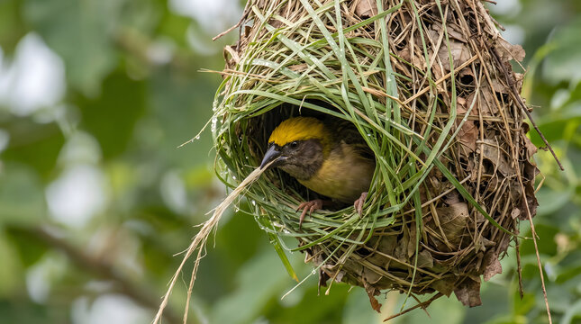 Baya Weaver Bird Inside A Hanging Woven Grass Nest Structure Building Its Home With Green Plant Fibers During A Bright Sunny Day In Nature Environment