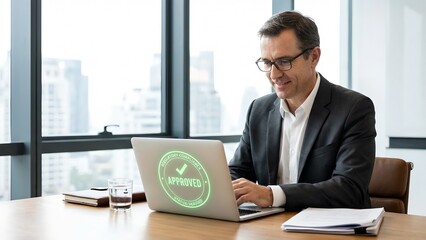 Fototapeta premium A smiling businessman in a suit wearing glasses works on a laptop with a green approved stamp on the screen, sitting at a desk in an office with a cityscape view