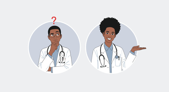 Medical professional collection with doctor stethoscope question confident explanation healthcare vector design