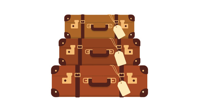 Three stacked vintage brown suitcases with leather straps and attached luggage tags sit on a clean and minimalist white background.