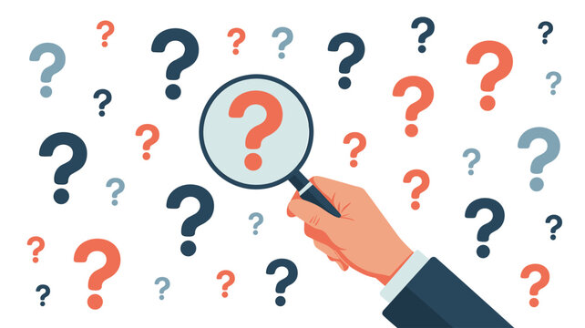 A hand in a business suit holds a magnifying glass, focusing on a single red question mark amidst many others on a white surface.