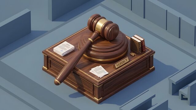 A judge's gavel rests on a wooden block with papers and books, symbolizing justice and legal proceedings, set against an abstract maze-like background