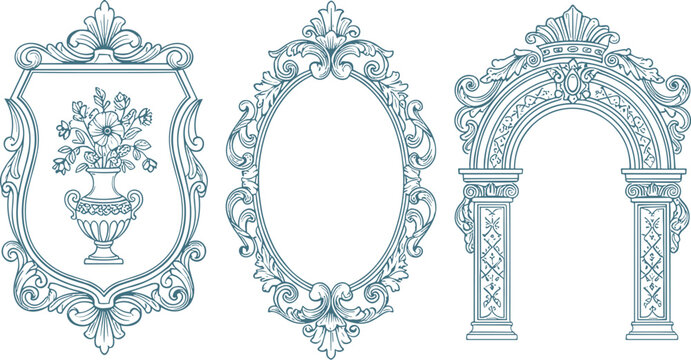 Ornate decorative frame illustration collection, classical artwork, architectural motif design composition, vintage vector set, ornamental graphics