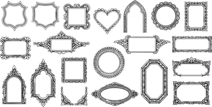 Ornate decorative vintage frames collection, baroque inspired border designs, intricate floral scrollwork artwork, symmetrical ornamental patterns, flat vector illustration