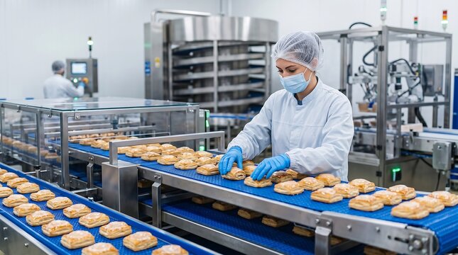 Female worker checking pastries on conveyor belt at food factory
