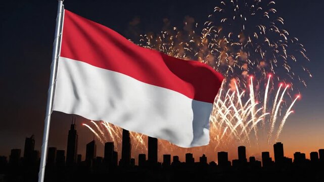 Waving Indonesia flag over night city skyline and colorful fireworks