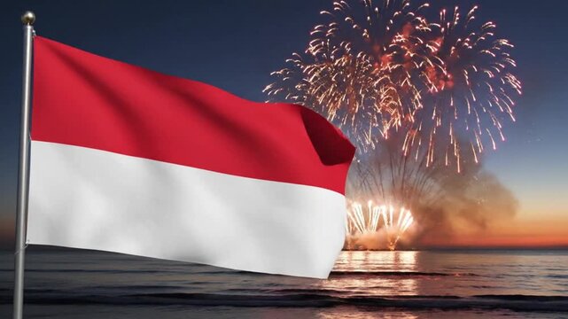 Indonesian flag waving over the sea with fireworks at dusk