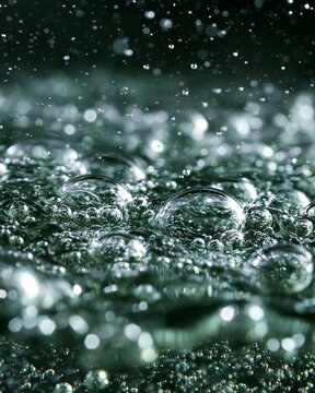 Closeup of microbubbles ascending in an aeration tank with sharp focus on bubbles and blurred rippling water surface capturing abstract patterns under bright daylight